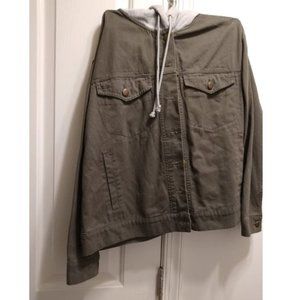 Forever 21 Olive Green & Grey Side Pockets Drawstring Grey Hoodie Jean Jacket S